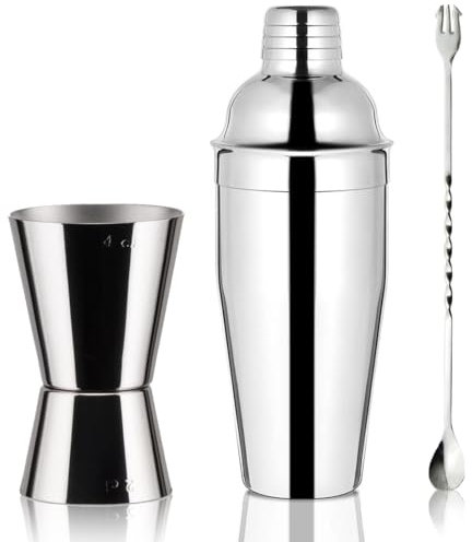 JAWUZ Shaker Cocktail 550ml Kit Barman Professionale 3 Pezzi Acciaio Inox 304 Dosatore 15/30ml Pestello Ricettario Incluso Set Cocktail Tenuta Ermetica Regalo Uomo Bartender Casa Bar Feste