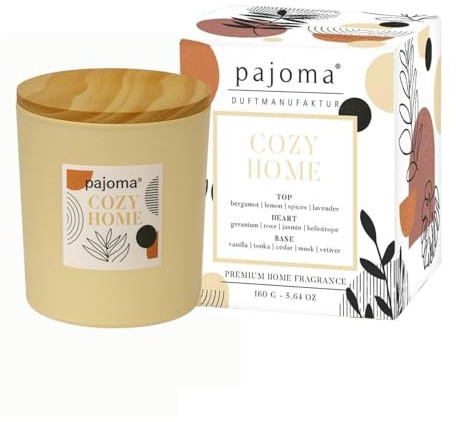 pajoma® Duftkerze im Glas Cozy Home 140 g mit Bambusdeckel 27 Std Brenndauer, Intensiver Duft Kerze in Geschenkverpackung | Warme Noten von Bergamotte, Lavendel & Vanille - Luxus-Deko für Zuhause
