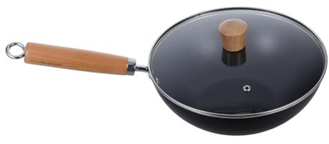 VINTORKY Kleine Unbeschichtete Eisenbratpfanne Mit Deckel Tiefe -wokpfanne Mit Holzgriff Zum Braten Kochen Dämpfen Backen Für Küche Und Camping