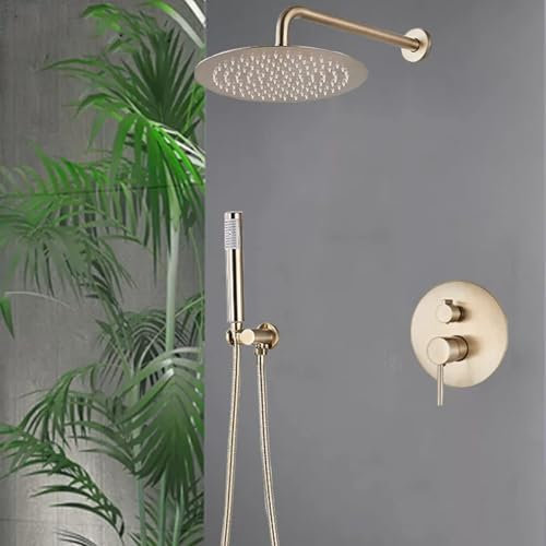 Ensemble De Douche Avec Robinet En Or Brossé, Pommeau De Douche Encastré En Laiton, Montage Mural, Forme Ronde