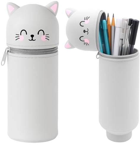 Zyluniy Kawaii Federmäppchen Katze, Silikon Federtasche, Stand up Mäppchen Katze, 2-in-1 Schlampermäppchen Bleistifttasche Stiftetasche Tischstifthalter, Weihnachten Geschenk für Kinder Mädchen Junge