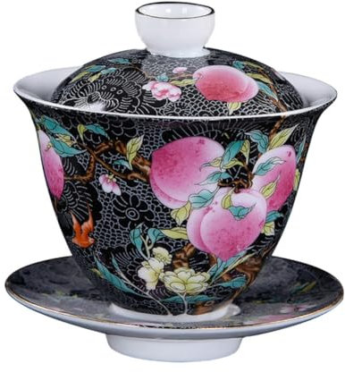MENTAM Tasses de thé traditionnelles chinoises, tasses de Ensemble de tasses à thé chinoises classiques en céramique émaillée noire, 1 ensemble de soupières vintage