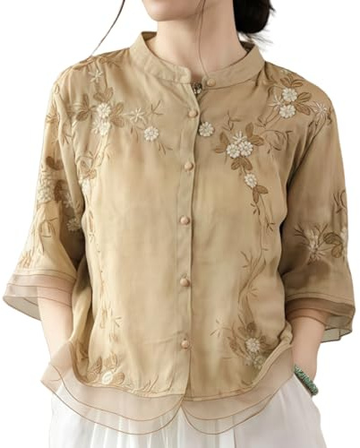 Chemisier Femme Style Chinois Brodé Coton Lin - Vintage Manches 3/4 Boutonné Chemise Inspirée Zen Tunique d'été Casual Hanfu Top pour le Quotidien Cérémonie du Thé, kaki, XL