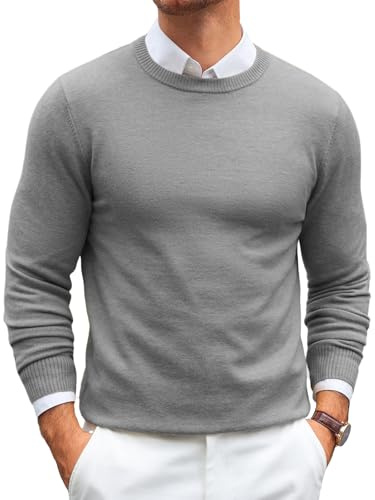 Runcati Maglione da uomo a maniche lunghe, girocollo, lavorato a maglia fine, vestibilità regolare, leggero, tinta unita, basic, maglietta da uomo, grigio., L