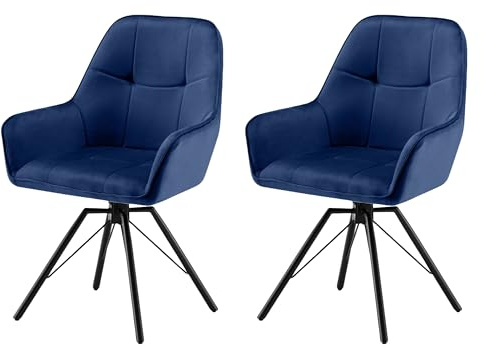 Garvis 2er Set Samt Esszimmerstuhl Drehbar mit Armlehne Drehbar gepolsterte Sitzfläche Metall Beine für Küche Esszimmer Schlafzimmer (Marineblau)
