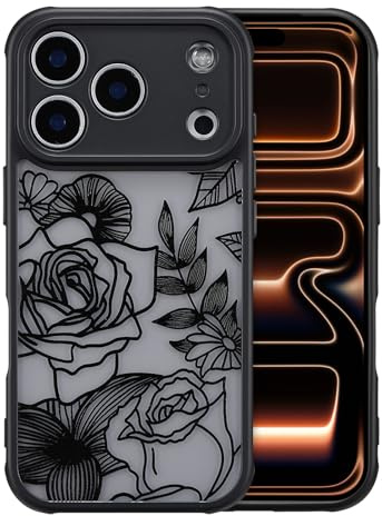 XIZYO Niedlich Rose Blume Hülle für iPhone 17 Pro 6,3 Zoll, Schwarz | Ästhetisch Rose Floral Muster, Luxus Vintage Mädchen Stil, Schlanke Dünne, Matt Transluzent Gestaltung, Stoßfest Anti-Gelb