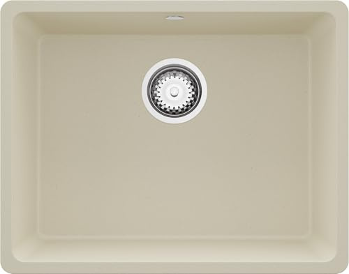 PRIMAGRAN Fregadero bajo Encimera al Mueble 60cm + Kit de desagüe, 56x44cm | Set: Kit de desagüe (sifón, válvula, rebosadero) + Venecia Easy 1 Seno para Cocina, Beige