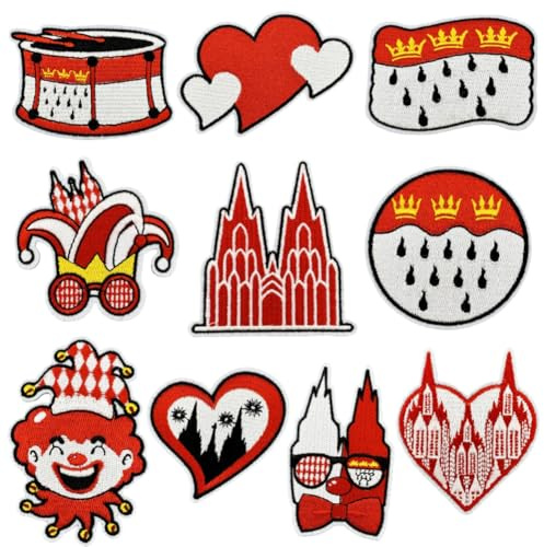 10 Stück Kölner Karneval Rot Weiß Bügelflicken Bügelbilder Karneval Rot Weiß Bügelbilder Köln, Patches Flicken Bügelaufkleber Fasching Accessoires für Kleidung Hosen Hüte