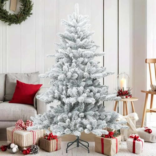 519 TIPS Artificial Hinge Christmas Tree Snow Covered White 150cm PVC Conifer with Metal Stand for Indoor & Protected Outdoor Use