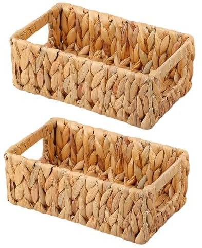 Packool Rectangle Woven Trays, Natural Water Hyacinth Baskets, Versatile Storage for Snacks Toiletries, Modern Ins Style, 10 x 6 x 3.62 in / 25.5 x 15.5 x 9.2 cm, 2 Pcs Decorative Wicker Trays