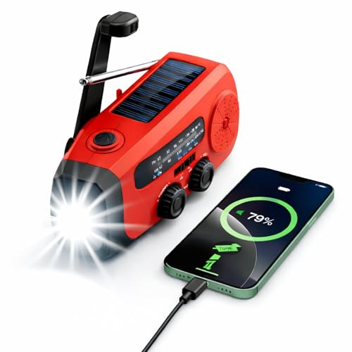 Kurbelradio Notfallradio Solarradio AM/FM, Powerbank 2000mAh, LED Taschenlampe, SOS-Alarm, USB-C, Handkurbel, Tragbares Radio für Camping, Outdoor & Blackout