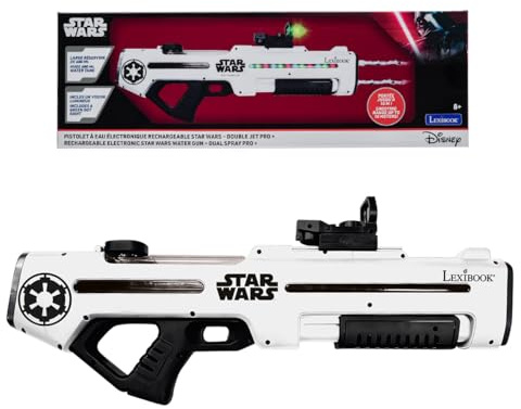 LEXIBOOK, Star Wars, Pistola de Agua electrónica Recargable, Efectos de luz y Sonido, Depósito de 680 ml, Alcance de hasta 10 m, 3 Modos, Mira de Punto Verde, Negro/Blanco, WG20SW