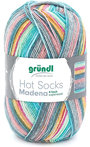 Gründl Wolle Hot Socks Madena 4-fach - Sockenwolle für 1 Paar Socken - Sockengarn - Weich und hautfreundlich - 75% Schurwolle, 25% Polyamid - 1 Knäuel 100 g / 420 m -Nadelstärke 2,5 - 3 - Soft Ice