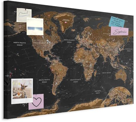 murando - Mapamundi con tablero para clavar chinchetas 120x80 cm - Cuadro | Lienzo estructurado - 1 parte - Panel de Fibra - Mapa del Mundo Continente