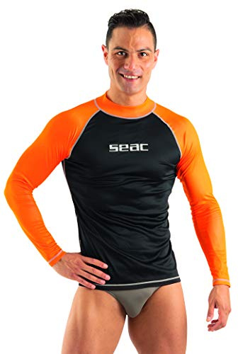 SEAC T-Sun Long Man, Camiseta de protección Rash Guard para esnorkel y natación Anti UV, Negro/Naranja, M