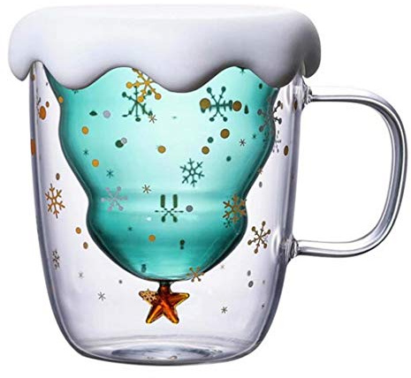 Taza de café doble pared taza de cristal árbol de Navidad tazas de cristal pequeño oso diseño de leche, regalo de cumpleaños creativo día de San Valentín romántico (Navidad Cup)
