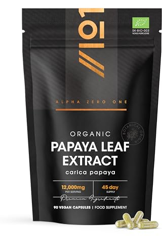 Organic Papaya Leaf Extract 12,000mg - High Strength Carica Papaya Extract – 90 Vegan Capsules – Resealable and Recyclable Pouch by Alpha01