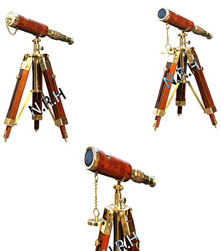 Nautisches Vintage-Teleskop aus Messing, Piratenmotiv, Antik-Leder, mit Stativ aus Holz