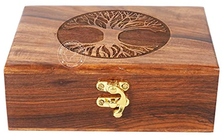 Boîte de rangement artisanale en bois de rose gravée Arbre de Vie - Organisateur de bijoux en bois pour femmes et hommes | Boîte de rangement et décoration d'intérieur sculptée à la main | Boîte