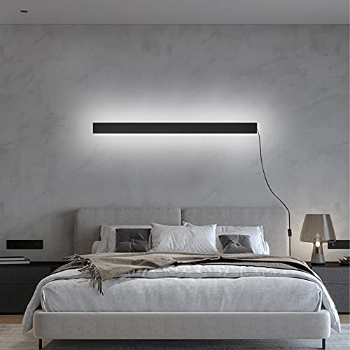 LED Dimmbare Lange Wandleuchte Innen mit Schalter und Stecker Aluminium Wandlampe mit Kabel Modern Rechteck Langlich Nachttischlampe IP44 Wandbeleuchtung Wohnzimmer Schlafzimmer Flur,Schwarz,120CM 72W