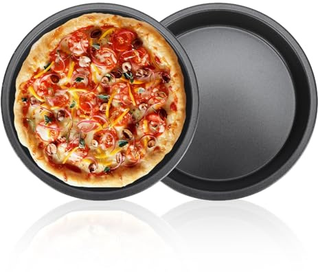 Buachois 2 Pcs Non-Stick Round Pizza Pan, 10in Round Baking Tray DeepThickened Carbon Steel Baking Tray Cooking Tools Pizza Plates for Oven Baking Pies Cakes Bread