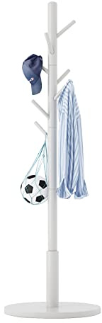Aibiju Standing Coat Rack White Coat Stand with 8 Hooks and 3 Height Options, Wood Kids Coat Tree with Sturdy Round Base, Small Hall Tree White YD-1009