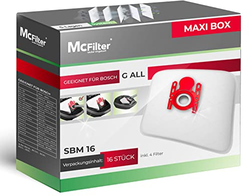 McFilter I 16 sacchetti per la polvere compatibili con Bosch Serie 2 Serie 4 Serie 6 Serie 8, BBZ16FGALL Tipo G ALL, adatto per BGL8XHYG, BGD38RD1H, BGDS2CHAMP GL-20 30 allergy MoveOn Mini