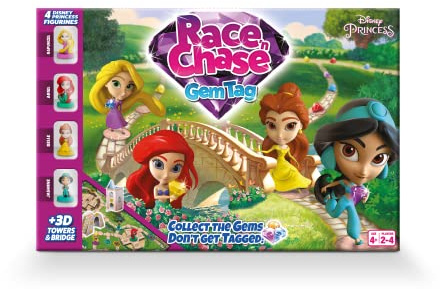 Disney Juego de Mesa Princess Race N Chase, 4 Piezas de Juego de Princesas Incluidas, Belle, Ariel, Rapunzel y Jasmine, Gran Regalo para niños a Partir de 4 años
