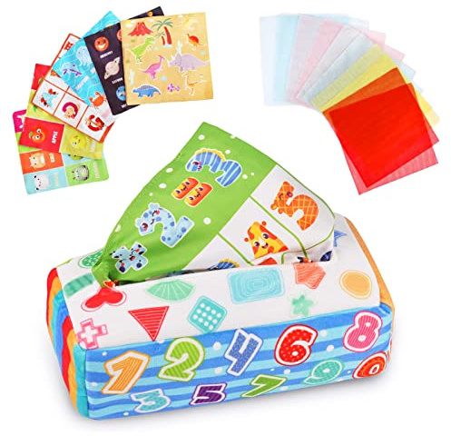 Vicloon Baby Tissue Box Toy,Babyspielzeug Montessori, Sensorik Spielzeug, mit 6 Crinkle-Papier und 15 Bunte Seidenschals,6 Monate-Digitaler Stil…