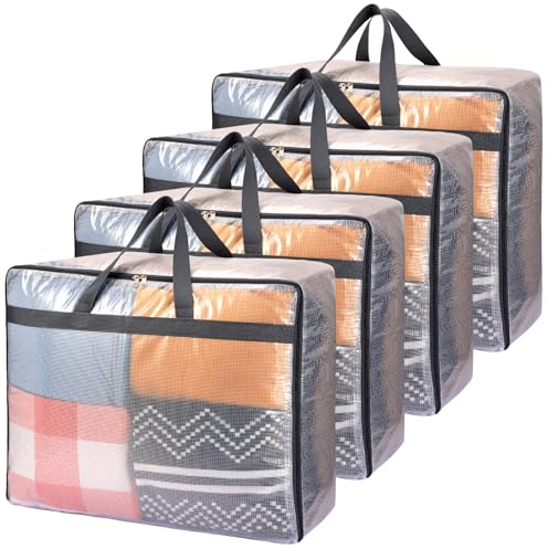 Fixwal 4 Pack 75L Extra Large XL Clear Storage Bags With Zipper for Blankets, Quilts, Clothes, Comforter, Bedding and Pillows