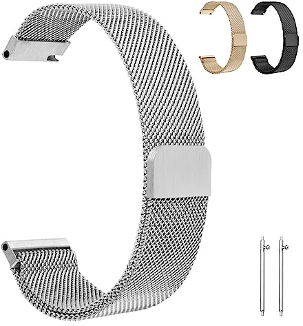 OFFCUP Metal Magnetic Watch Band, 20mm Mesh Woven Quick Release Stainless Steel Replacement Straps with Magnetic Clasp, Smart Watch Wristbands (Silver)