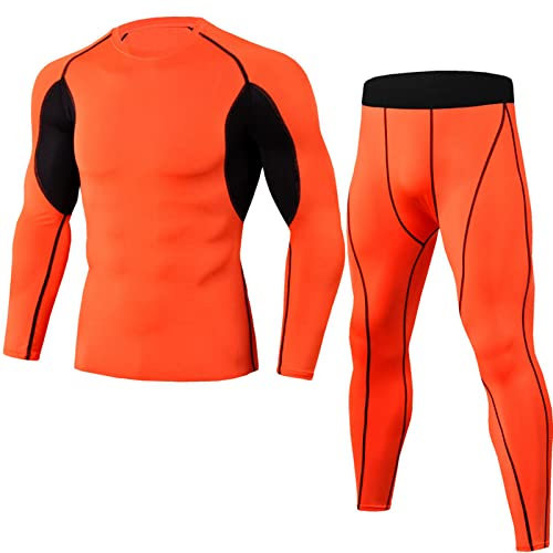 YiLianDa Herren Kompressionsanzug Kompressionsshirt & Leggings Set Fitness Sport Bekleidung Funktionswäsche Kompression Thermounterwäsche Atmungsaktiv Kompressionshose Orange L
