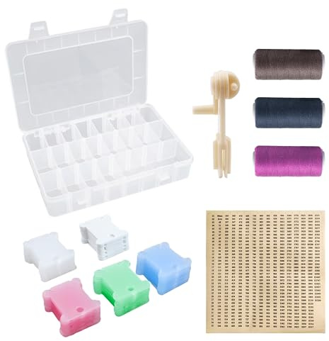 ATBUSS 156pcs Stickgarn-Organisator-Set, 1 Aufbewahrungsbox mit 24 Raster, 1 Zahlenetikett, 1 Fadenspuler, 150 Spulen, 3pc Nähgarn, Kreuzstich-Zubehör, Näh-Stickerei-Werkzeuge