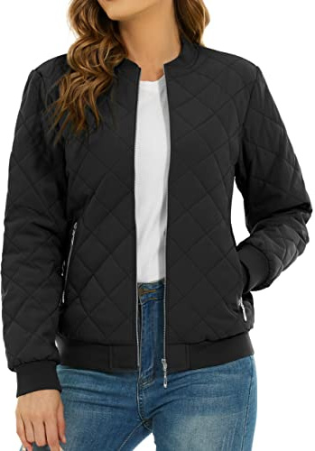TACVASEN Womens Quilted Bomber Jacket Casual Warm Winter Jackets Windproof Puffer Bomber Jacket with Pocket Windbreaker Jacket,Black,M