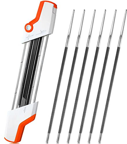 Landhoow Kit d'affûtage de tronçonneuse 7 pièces comprenant un aiguiseur de tronçonneuse 2 en 1 facile à limer pour chaîne de tronçonneuse et 6 limes de rechange (pour chaîne de scie de 1,9 cm)