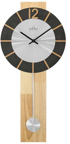 MPM Quality Design Holz Pendeluhr Wanduhr, Silber/Schwarz, 300 x 720 mm, Elegante Uhr modern, Quarz-Uhrwerk Sweep, originelle Wanduhr mit Pendel, Deko Wohnzimmer, Schlafzimmer, Küche, Büro