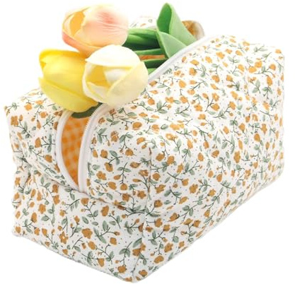 Kryzalite Gesteppte Kosmetiktasche mit Blumenmuster und großem Fassungsvermögen aus weichem Baumwollmaterial für Make-up-Pinsel und Beauty-Utensilien (orange)