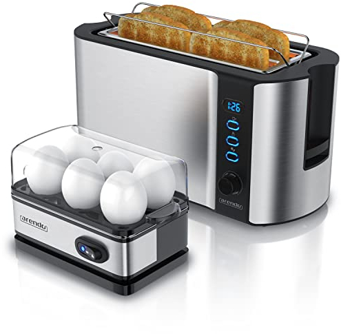 Arendo Set Ensembles grille-pain FRUKOST et cuiseur à oeufs SIXCOOK Inox Gris, Toaster 4 tranches écran LED 6 degrés de brunissage support viennoiserie Cuiseur à oeufs 1-6 oeufs verre doseur