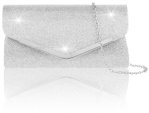 Yolev Weiße Clutch Silber Elegant mit Abnehmbarem Kettenriemen Glitzer Tasche Pailletten Abendtasche Damen Clutches Umhängetasche für Hochzeit Abschlussball Formelle Bankettparty Handtasche Silber