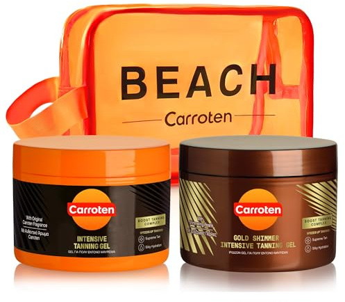 Carroten set di 2 acceleratori d'abbronzatura - Kit d'abbronzatura composto da Gold Tanning Gel 150 ml e Intensive Tanning Gel 150 ml per un'abbronzatura veloce, inclusa borsa cosmetica