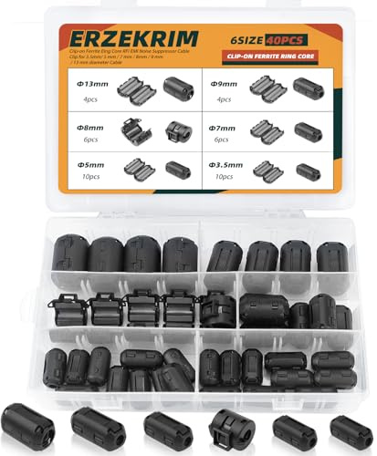 Erzekrim 40 Stück Ferritkerne Ferritfilter Ferrit Ringkern Kabel Clip Set 6 Verschiedene Größen Klappferrit Schwarz für Kabel RFI, EMI, 3 mm, 5 mm, 7 mm, 9 mm, 13 mm Innendurchmesser (Schwarzer Anzug)