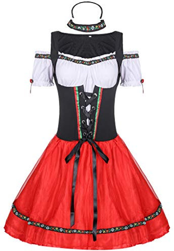 DUHGBNE Dirndl Damen Frauen Bier Kostüme Kopfschmuck Festival Tracht Cosplay und Frauen traditionelle Kleidung Schwarzes Sexy Kleid Dirndl für Damen,Frauen Dirndel Oktoberfest Kostüme (Red, S)
