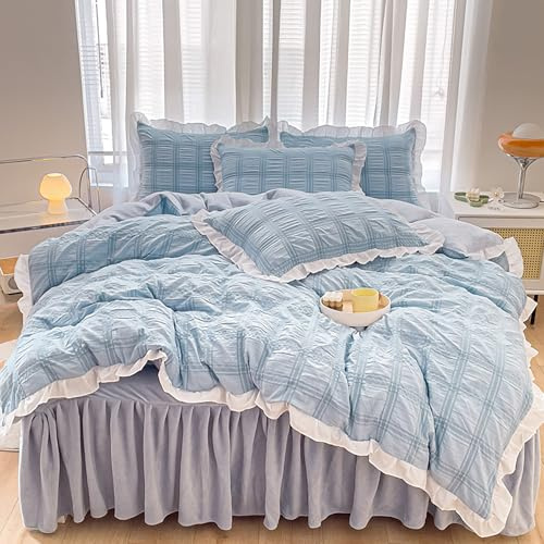 GETIYA Romantisch Seersucker Bettwäsche 135x200 4Teilig Hellblau Bettwäsche mit Weiß Rüschen Hellblau Seersucker Bettbezug Mikrofaser 2 Deckenbezug mit 2 Reißverschluss Kissenbezug 80x80