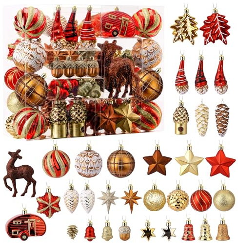 Alupssuc 106pcs Christmas Balls Ornaments Set, Gnome Christmas Tree Decorations with Hanging Strings, Shatterproof Plastic Baubles for Xmas Tree Holiday Wedding Party Decorations, Red, Bronze& Gold