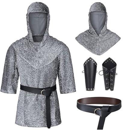 Caxndycing Ritter-Kostüm Set für Herren Mittelalter Tunika Kleidung Großes Set Ritterrüstung 5 Teilig Ritterkostüm mit Gürtel und Armschienen und Hüte Viktorian Wikinger Anzug