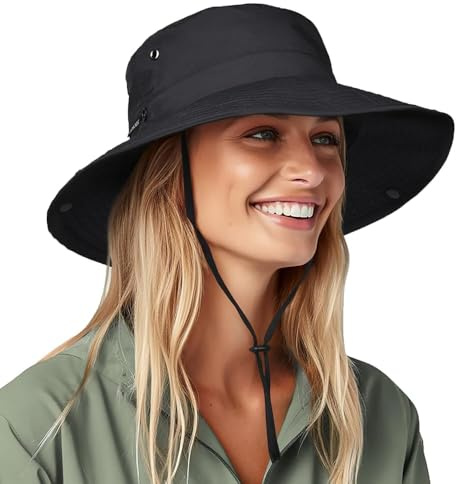 FURTALK Sun Hats for Women Ponytail UPF 80+ Beach Summer Hat Wide Brim Packable Cowboy Hat Pure Black