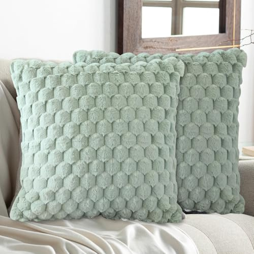 Flauschig Kissenbezug 50x50 Salbei Grün 2er Set Plüsch Deko Kissenbezüge Weich Gestreift Kissenhülle Luxus Pelz Dekokissen Sofakissen Zierkissen Kuschelig Kissen Bezüge Wohnzimmer Sofa (Salbei Grün)