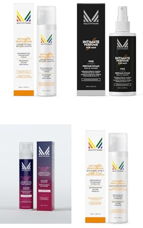 Set de cuidado íntimo masculino: Crema íntima revitalizante, Crema íntima que ayuda a unificar el tono de la piel, Perfume genital con acción desodorizadora y Crema para mejorar la sensibilid