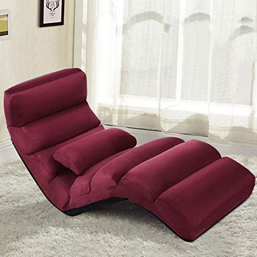 RELAX4LIFE Relaxliege, Bodenliege 5-Fach Einstellbar, Bodenstuhl Faltbar, Relaxsessel mit Kissen, Liegesessel mit Schlaffunktion, bis 120kg belastbar, Klappsessel für Lesen & Schlafen (Wein)