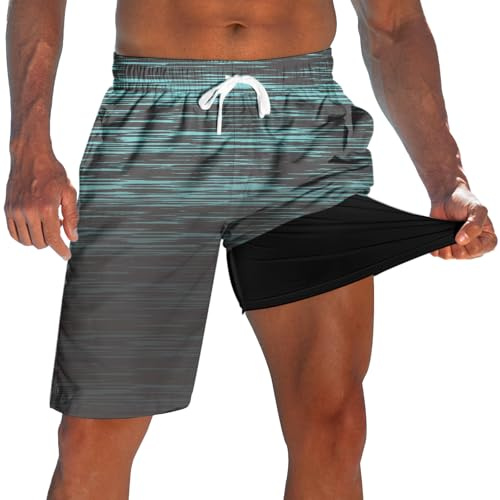 Men's Board Shorts with Compression Liner Stretch Black Stripe Swimming Trunks for Mens Novelty 9 Beach Shorts Brief Liner Quick Dry Man Hawaiian Swim Suits Summer Swimwear L